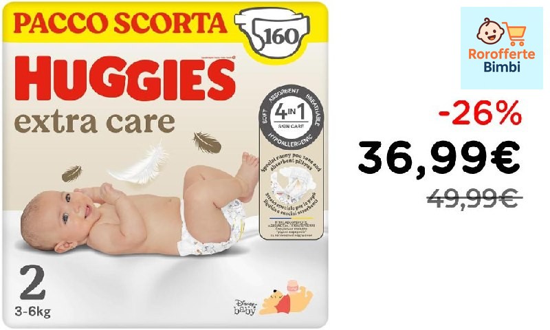 Offerta: 👶 **Huggies Extra Care Neonato 160 Pannolini Taglia 2**

‼️ …