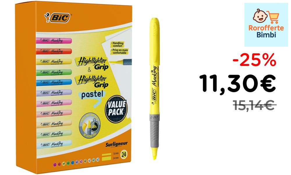 Offerta: 🖍️ **BIC Evidenziatori Highlighter Grip confezione da 24 col…