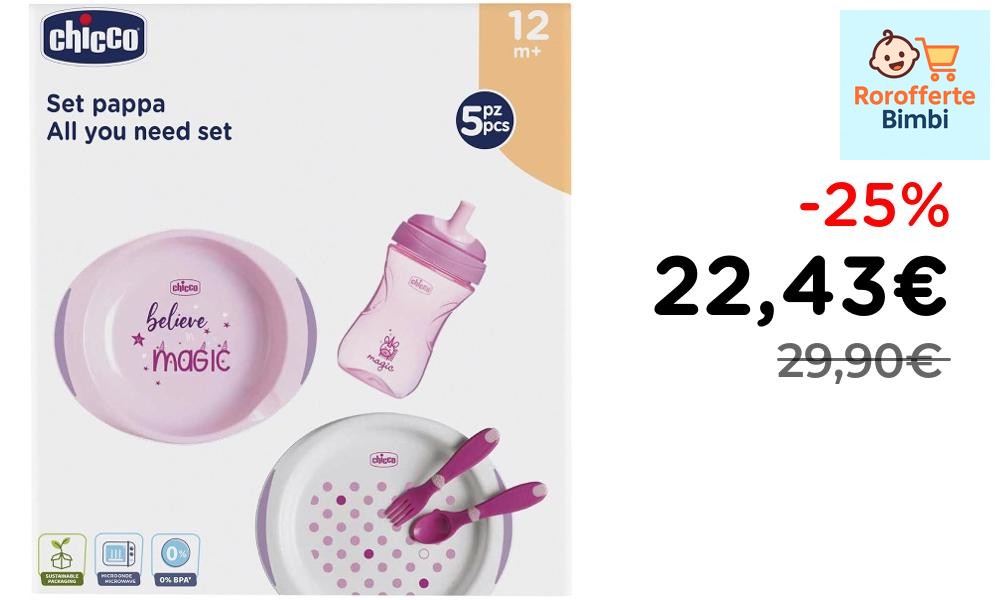 Offerta: 🍽️ **Chicco Set Pappa 12M+, 1 Tazza, 2 Piatti, Posate Rosa**…